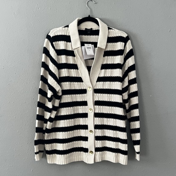 NWT J.Jill Wearever Collection XL Black Ivory Striped Knit Cardigan Business Cas - Picture 2 of 5